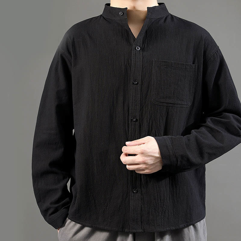 Buddha Stones Men's Long Sleeve Shirt With Pocket Stand Collar Comfort Shirt - image 18