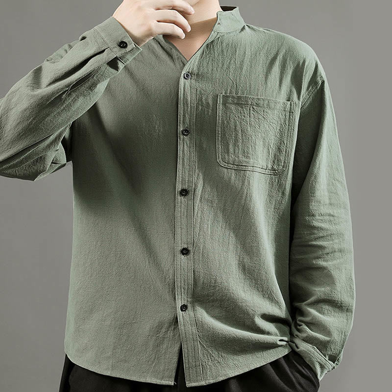 Buddha Stones Men's Long Sleeve Shirt With Pocket Stand Collar Comfort Linen Shirt - image 2