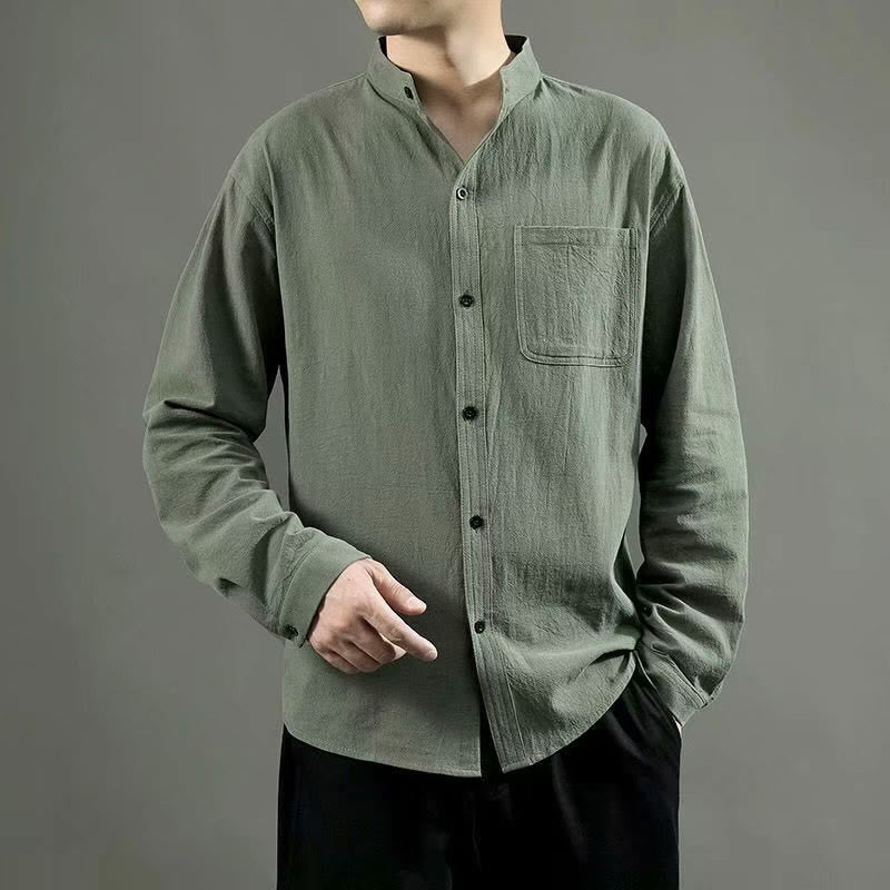 Buddha Stones Men's Long Sleeve Shirt With Pocket Stand Collar Comfort Linen Shirt - OliveDrab - US/UK/AU46，EU56 (5XL) - image 0