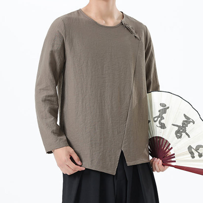 Buddha Stones Men's Long Sleeve Round Collar Comfort Cotton Linen Shirt - image 1
