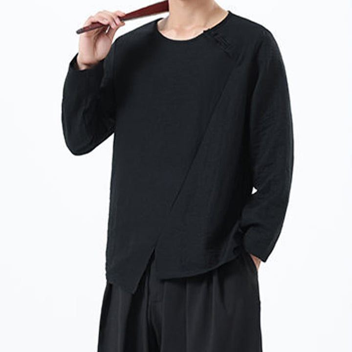 Buddha Stones Men's Long Sleeve Round Collar Comfort Cotton Linen Shirt - image 30