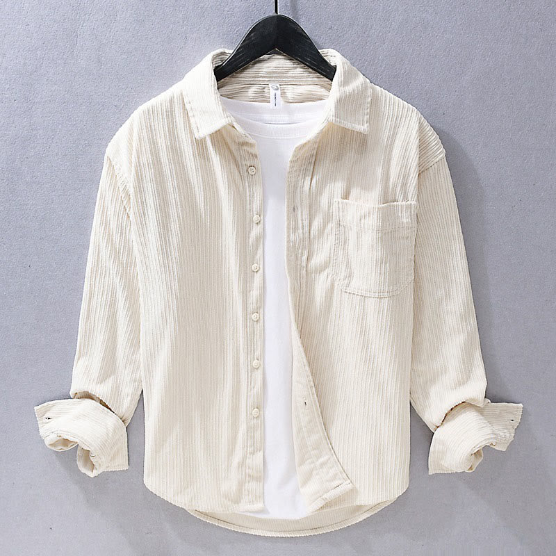 Buddha Stones Men's Long Sleeve Turn-down Collar With Pocket Corduroy Casual Shirt - Ivory - US/UK/AU42，EU52 (3XL) - image 7