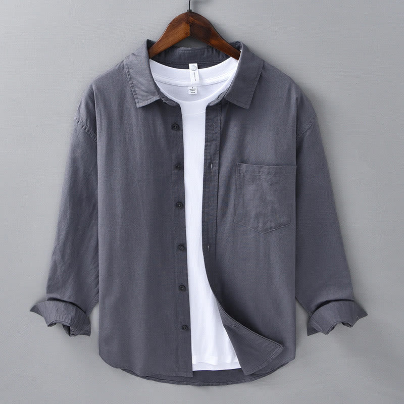 Buddha Stones Men's Long Sleeve Turn-down Collar With Pocket Pure Color Comfortable Cotton Shirt - DimGray - US/UK/AU42，EU52 (3XL) - image 28