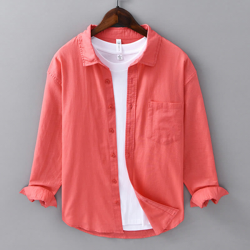 Buddha Stones Men's Long Sleeve Turn-down Collar With Pocket Pure Color Comfortable Cotton Shirt - Tomato - US/UK/AU42，EU52 (3XL) - image 32