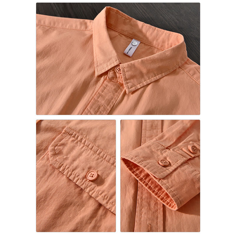 Buddha Stones Men's Long Sleeve Turn-down Collar With Pocket Pure Color Casual Cotton Shirt - image 18