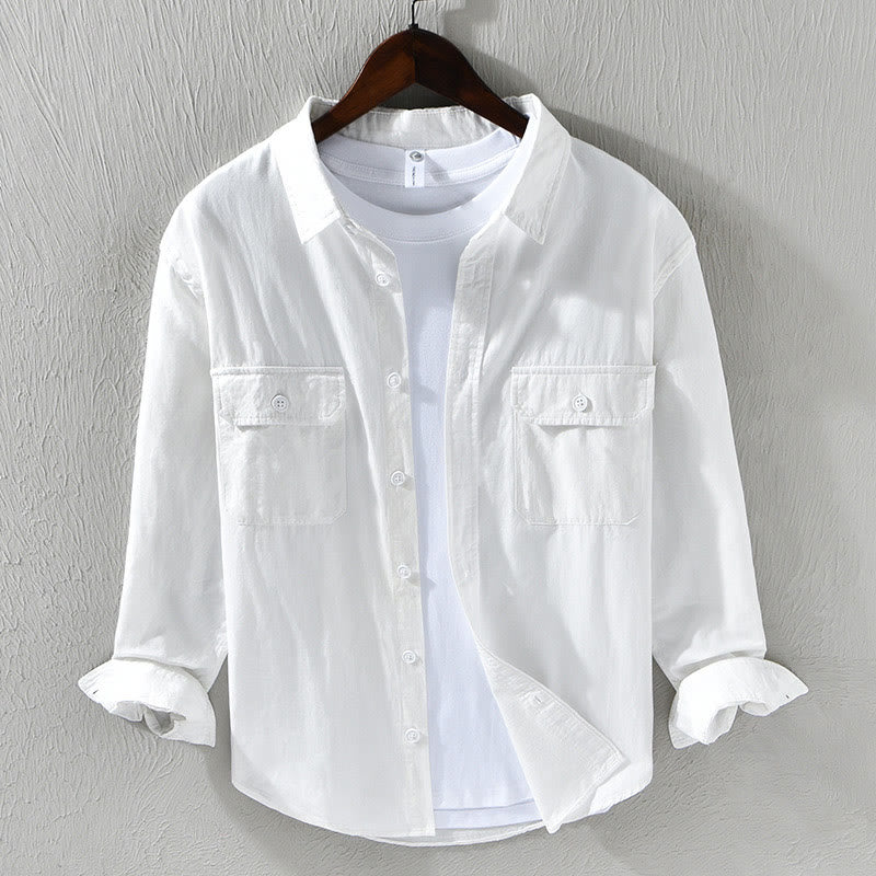 Buddha Stones Men's Long Sleeve Turn-down Collar With Pocket Pure Color Casual Cotton Shirt - White - US/UK/AU46，EU56 (5XL) - image 11