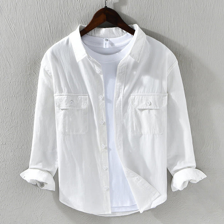 Buddha Stones Men's Long Sleeve Turn-down Collar With Pocket Pure Color Casual Cotton Shirt - White - US/UK/AU46，EU56 (5XL) - image 11