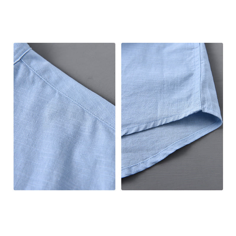 Buddha Stones Men's Long Sleeve Stand Collar With Pocket Pure Color Casual Cotton Linen Shirt - image 15