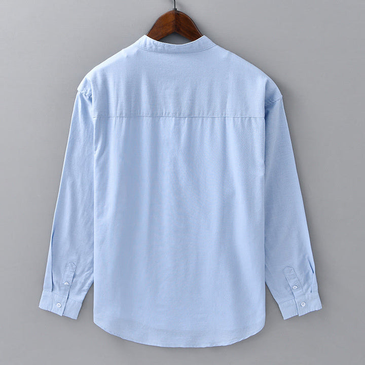 Buddha Stones Men's Long Sleeve Stand Collar With Pocket Pure Color Casual Cotton Linen Shirt - image 11