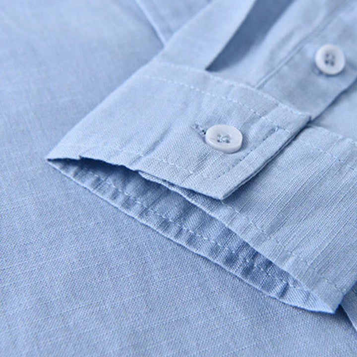 Buddha Stones Men's Long Sleeve Stand Collar With Pocket Pure Color Casual Cotton Linen Shirt - image 13