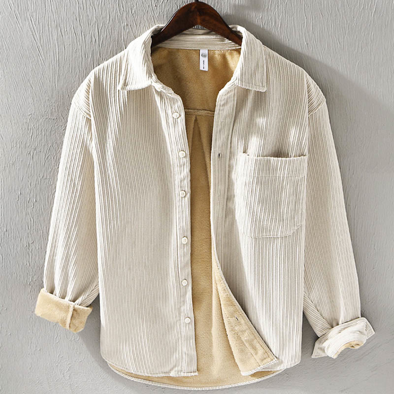 Buddha Stones Men's Long Sleeve Fleece Lined With Pocket Corduroy Comfortable Shirt - Beige - US/UK/AU40，EU50 (3XL) - image 0