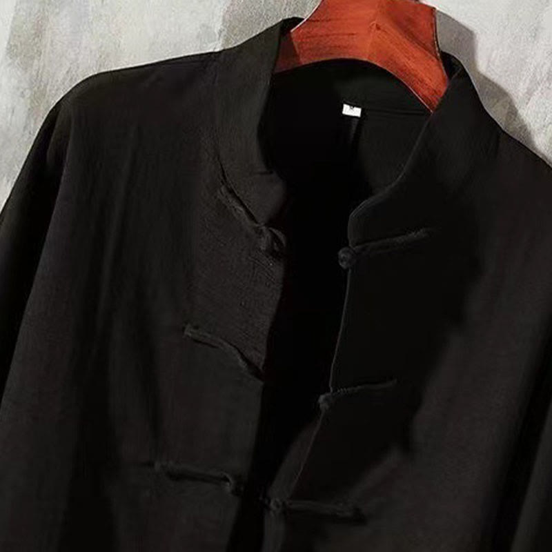 Buddha Stones Men's Tang Long Sleeve Shirt Frog Button With Pocket Stand Collar Comfort Linen Shirt - image 7
