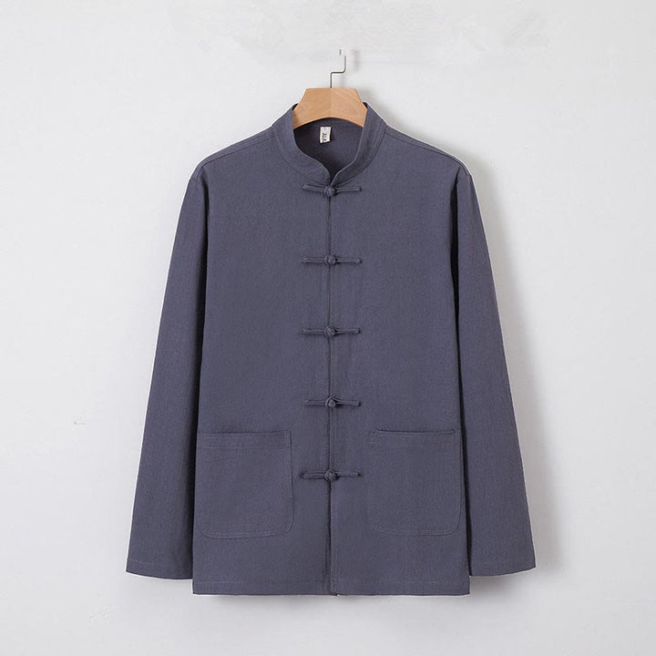 Buddha Stones Men's Tang Long Sleeve Shirt Frog Button With Pocket Stand Collar Comfort Linen Shirt - SlateGray - US/UK/AU46，EU56 (5XL) - image 5