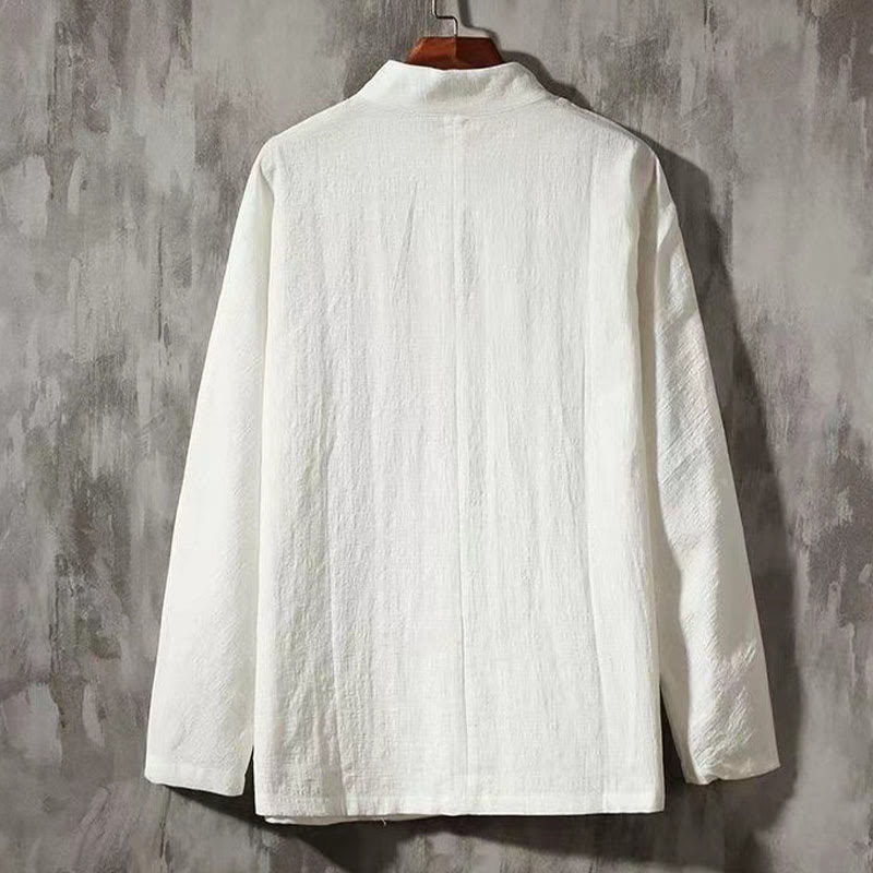 Buddha Stones Men's Tang Long Sleeve Shirt Frog Button With Pocket Stand Collar Comfort Linen Shirt - image 1