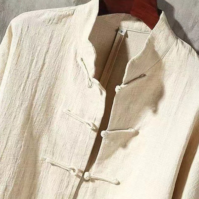 Buddha Stones Men's Tang Long Sleeve Shirt Frog Button With Pocket Stand Collar Comfort Linen Shirt - image 11