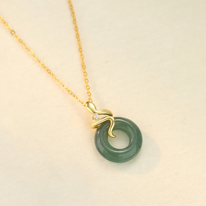 Buddha Stones 925 Sterling Silver 18K Gold Jade Peace Buckle Spirit Snake Peace Necklace Pendant - 18K Gold - image 4