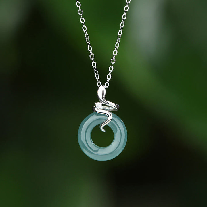 Buddha Stones 925 Sterling Silver 18K Gold Jade Peace Buckle Spirit Snake Peace Necklace Pendant - 925 Sterling Silver - image 0