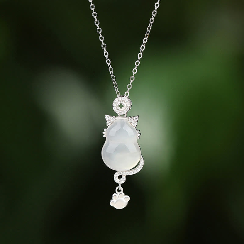 Buddha Stones 925 Sterling Silver 14k Gold White Jade Gourd Cat Protection Necklace Pendant - 925 Sterling Silver - image 0