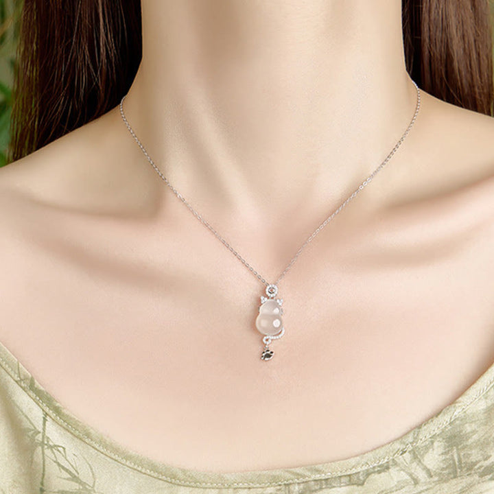 Buddha Stones 925 Sterling Silver 14k Gold White Jade Gourd Cat Protection Necklace Pendant - image 2