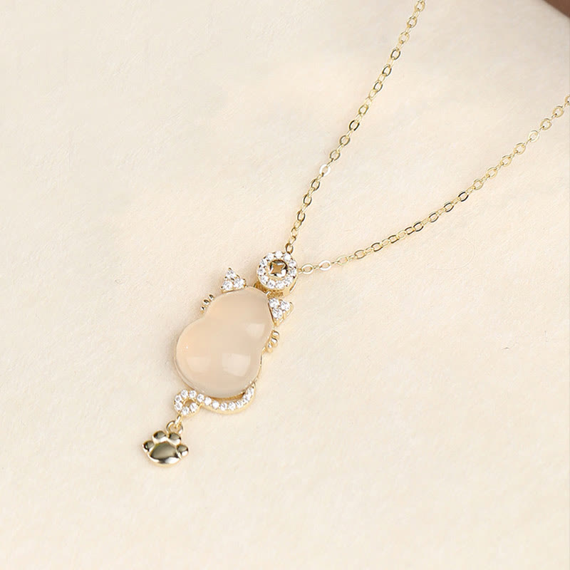 Buddha Stones 925 Sterling Silver 14k Gold White Jade Gourd Cat Protection Necklace Pendant - 14K Gold - image 8