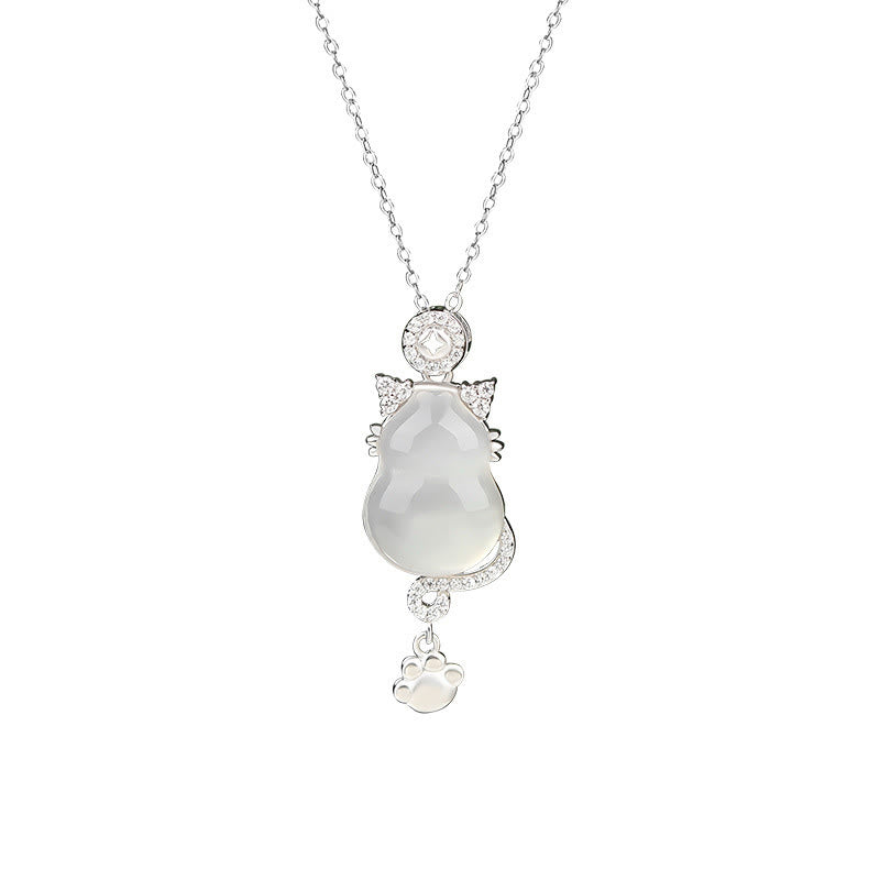 Buddha Stones 925 Sterling Silver 14k Gold White Jade Gourd Cat Protection Necklace Pendant - image 1