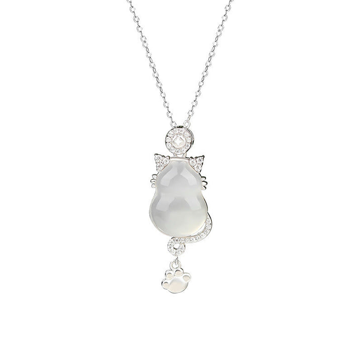 Buddha Stones 925 Sterling Silver 14k Gold White Jade Gourd Cat Protection Necklace Pendant - image 1