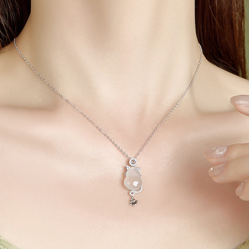 Buddha Stones 925 Sterling Silver 14k Gold White Jade Gourd Cat Protection Necklace Pendant - image 4