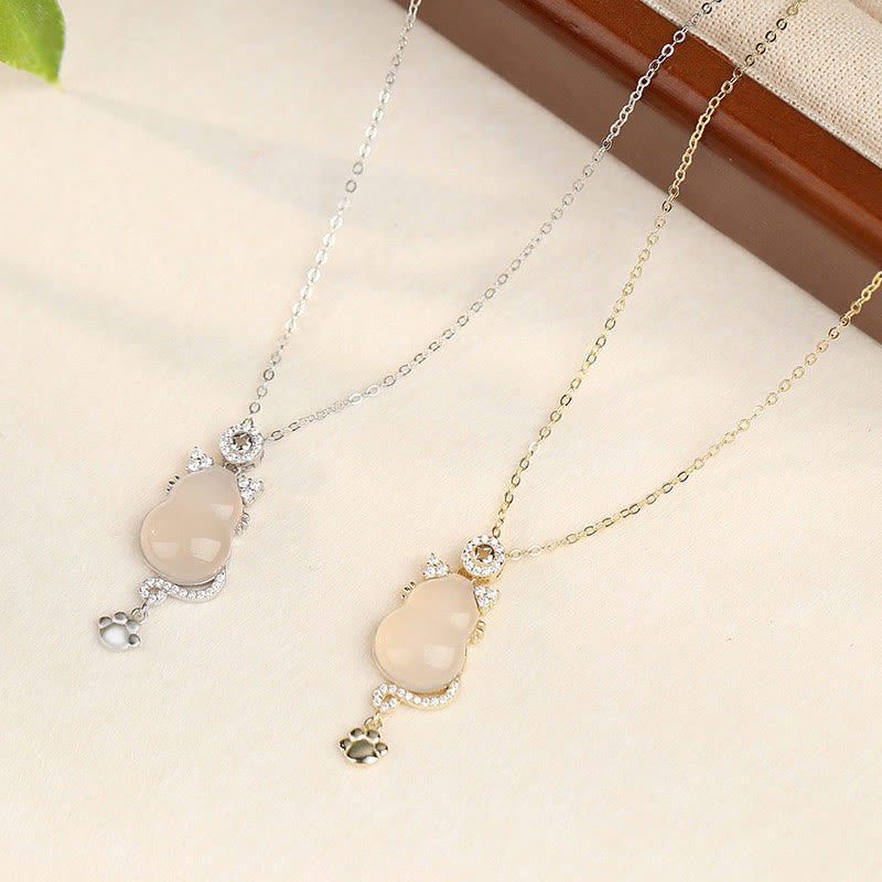 Buddha Stones 925 Sterling Silver 14k Gold White Jade Gourd Cat Protection Necklace Pendant - image 9