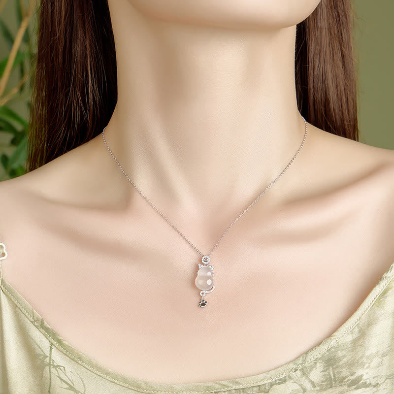 Buddha Stones 925 Sterling Silver 14k Gold White Jade Gourd Cat Protection Necklace Pendant - image 3
