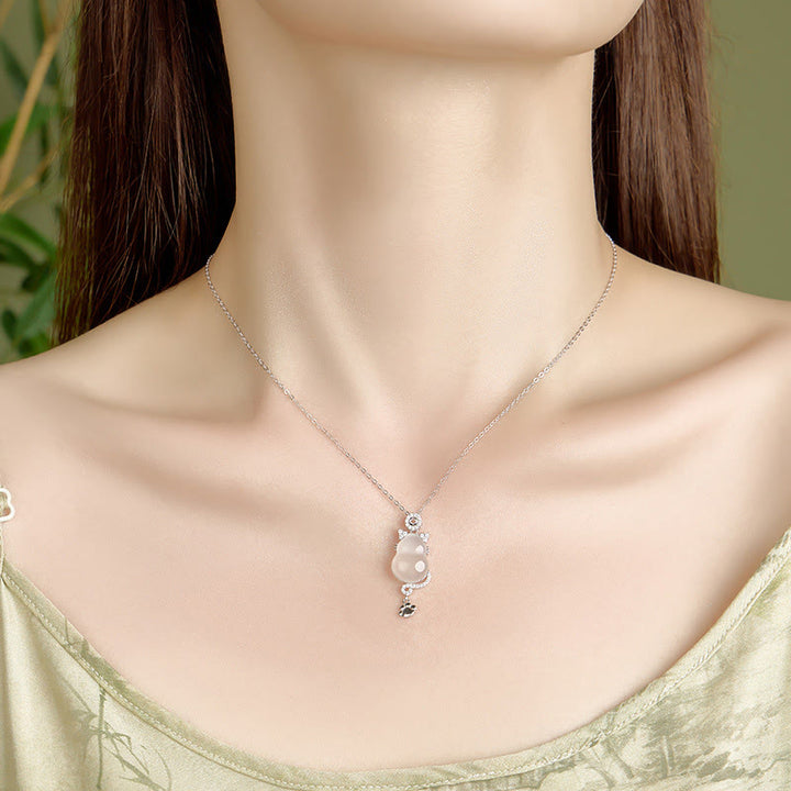 Buddha Stones 925 Sterling Silver 14k Gold White Jade Gourd Cat Protection Necklace Pendant - image 3