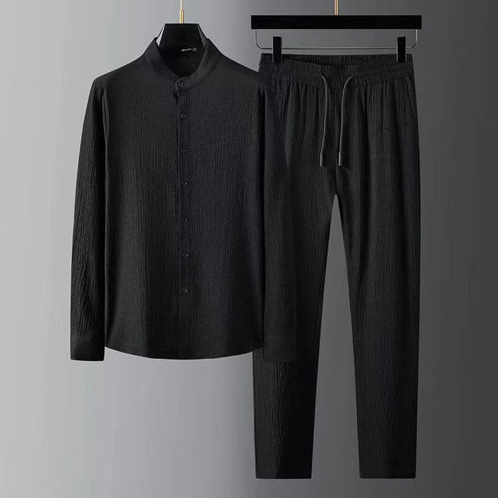 Buddha Stones Pure Color Long Sleeve Top Pants Clothing Men's Set - Black - US/UK/AU44，EU54 (4XL) - image 0
