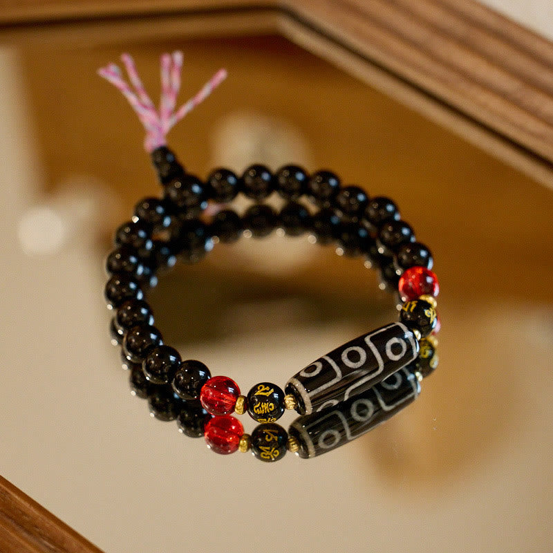 Buddha Stones Tibetan Nine-eye Dzi Bead Black Onyx Six True Words Wealth Protection Bracelet - Nine-eye Dzi Bead Black Onyx (Wrist Circumference 14-16cm) - image 0