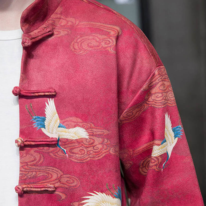 Buddha Stones Frog-Button Chinese Tang Suit Crane Character Long Shirt Cotton Suede Men Jacket Clothing - image 24