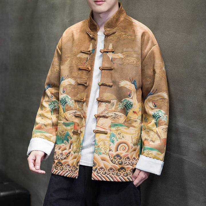 Buddha Stones Frog-Button Chinese Tang Suit Crane Character Long Shirt Cotton Suede Men Jacket Clothing - Goldenrod - US/UK/AU46，EU56 (5XL) - image 0