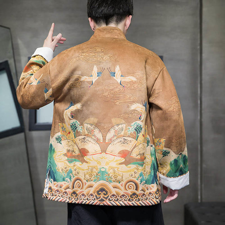Buddha Stones Frog-Button Chinese Tang Suit Crane Character Long Shirt Cotton Suede Men Jacket Clothing - image 3