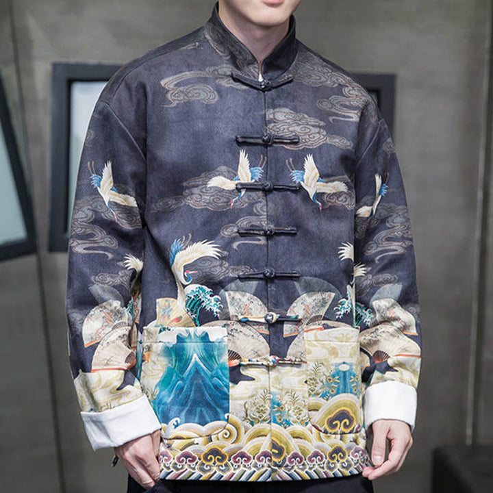 Buddha Stones Frog-Button Chinese Tang Suit Crane Character Long Shirt Cotton Suede Men Jacket Clothing - image 14
