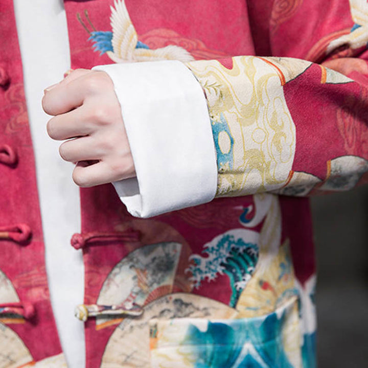 Buddha Stones Frog-Button Chinese Tang Suit Crane Character Long Shirt Cotton Suede Men Jacket Clothing - image 26