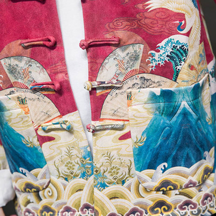 Buddha Stones Frog-Button Chinese Tang Suit Crane Character Long Shirt Cotton Suede Men Jacket Clothing - image 25