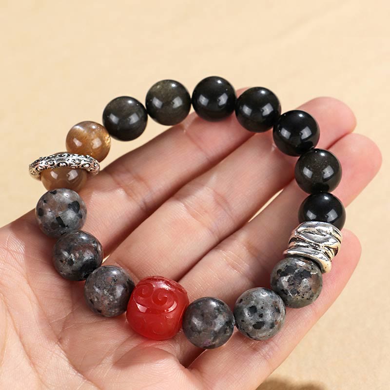 Buddha Stones Gold Sheen Obsidian Lava Rock Red Agate Protection Bracelet - image 8