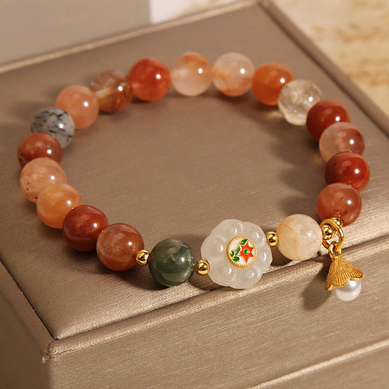Buddha Stones Natural Fu Lu Shou Crystal Hetian White Jade Pearl Luck Bracelet - image 3