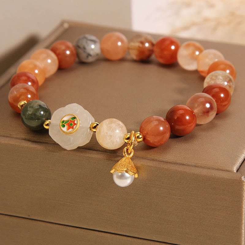 Buddha Stones Natural Fu Lu Shou Crystal Hetian White Jade Pearl Luck Bracelet - image 2