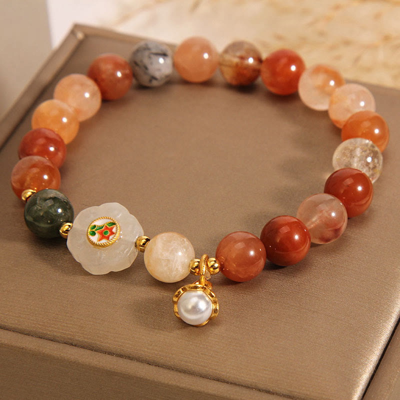 Buddha Stones Natural Fu Lu Shou Crystal Hetian White Jade Pearl Luck Bracelet - image 1