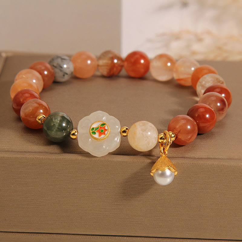 Buddha Stones Natural Fu Lu Shou Crystal Hetian White Jade Pearl Luck Bracelet - Fu Lu Shou Crystal(Wrist Circumference 14-16cm) - image 0