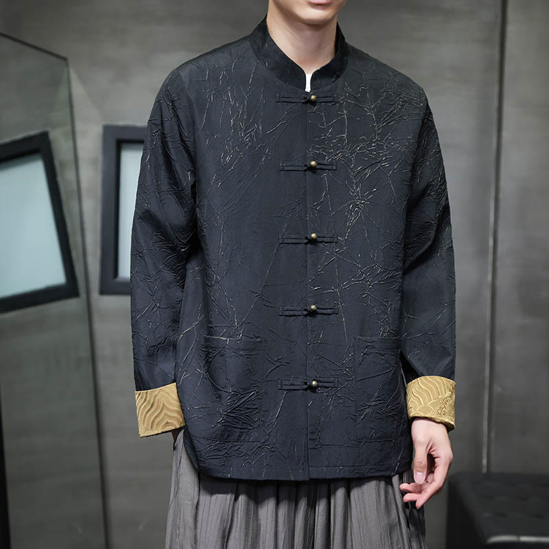 Buddha Stones Tang Suit Casual Frog-button Long Sleeve Nylon Men's Jacket Shirt Clothing - Black - US/UK/AU46，EU56 (5XL) - image 0