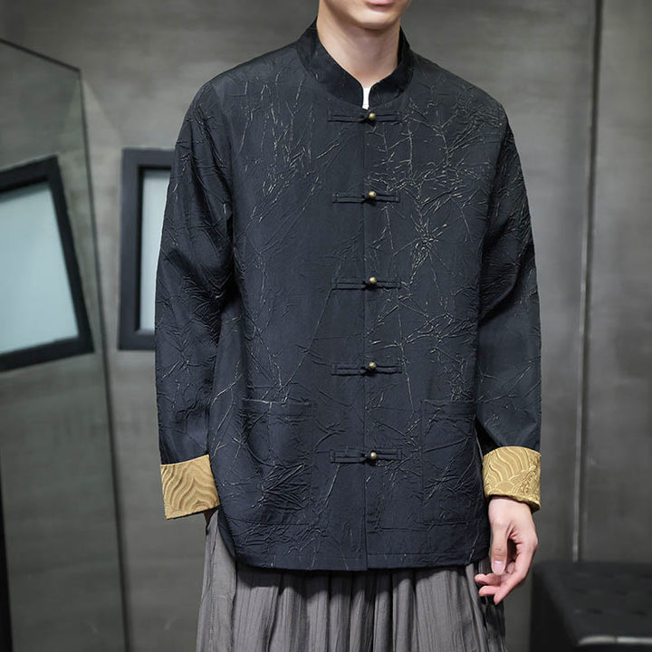 Buddha Stones Tang Suit Casual Frog-button Long Sleeve Nylon Men's Jacket Shirt Clothing - Black - US/UK/AU46，EU56 (5XL) - image 0