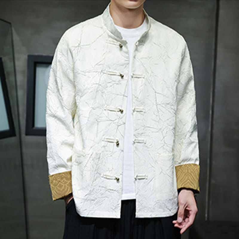 Buddha Stones Tang Suit Casual Frog-button Long Sleeve Nylon Men's Jacket Shirt Clothing - White - US/UK/AU46，EU56 (5XL) - image 8