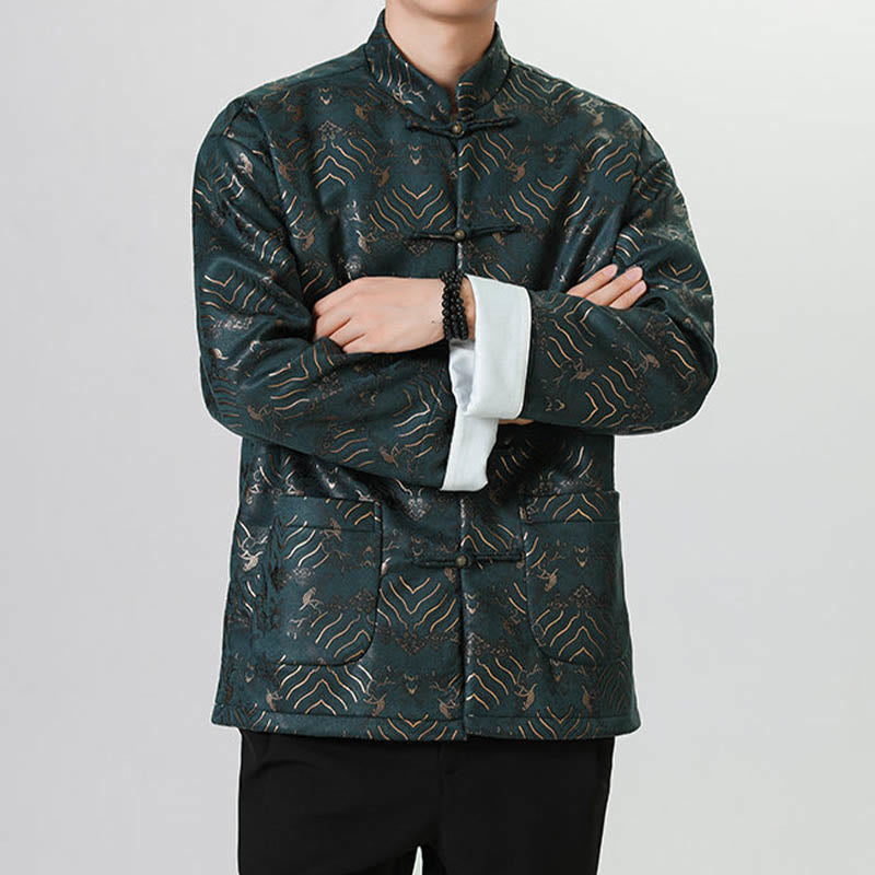 Buddha Stones Frog-Button Chinese Tang Suit Wave Shape Long Shirt Men Jacket Clothing - image 15