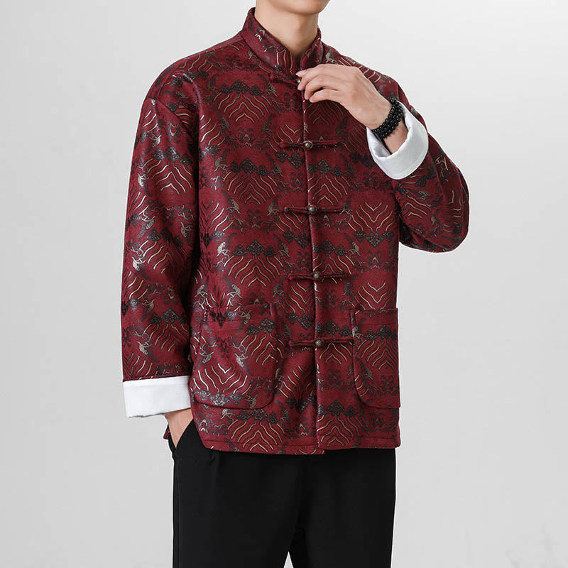 Buddha Stones Frog-Button Chinese Tang Suit Wave Shape Long Shirt Men Jacket Clothing - DarkRed - US/UK/AU46，EU56 (5XL) - image 6