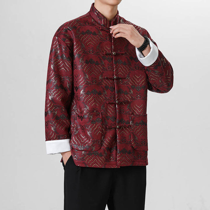Buddha Stones Frog-Button Chinese Tang Suit Wave Shape Long Shirt Men Jacket Clothing - DarkRed - US/UK/AU46，EU56 (5XL) - image 6