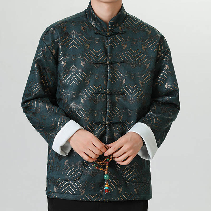 Buddha Stones Frog-Button Chinese Tang Suit Wave Shape Long Shirt Men Jacket Clothing - image 13